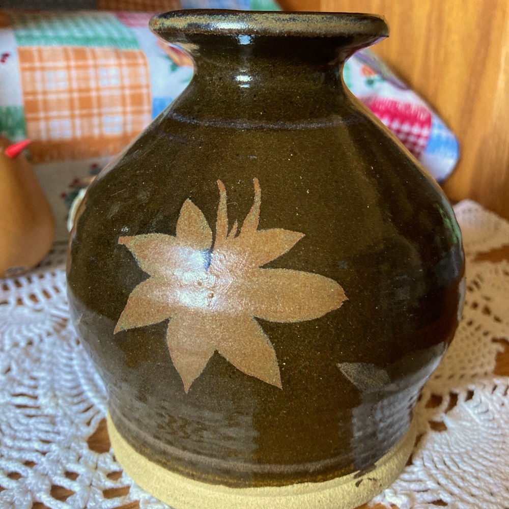 Pottery Vase, brown & cream, w/Lotus Flower